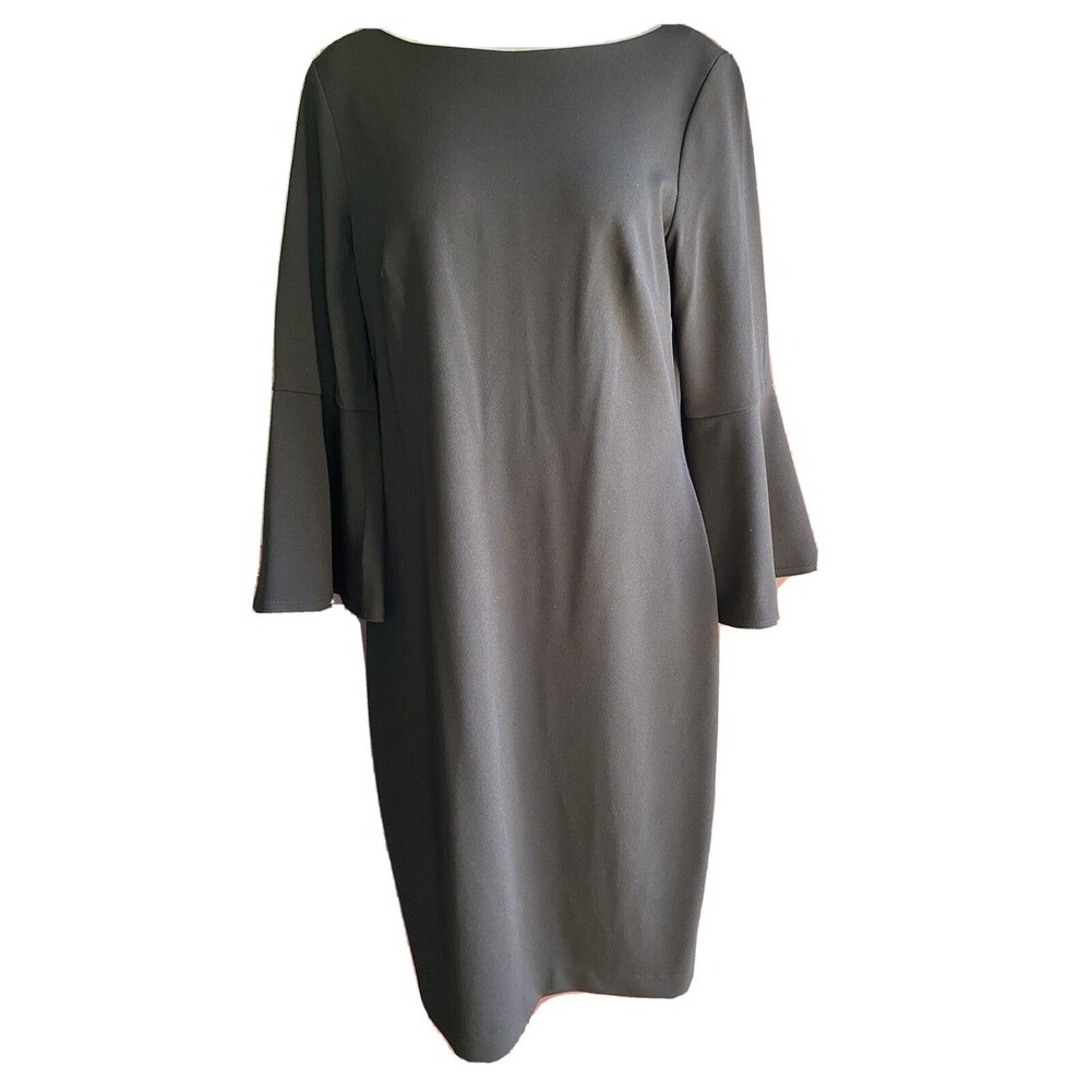 CALVIN KLEIN Black Solid Bell Sleeve Sheath Dress Women Sz 6 Knee Length LBD New